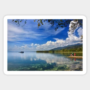 Waiting for the fishing boat at Trichonis lake Sticker